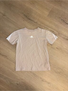 adidas Beige Short Sleeve Tee with White Stripe Accents